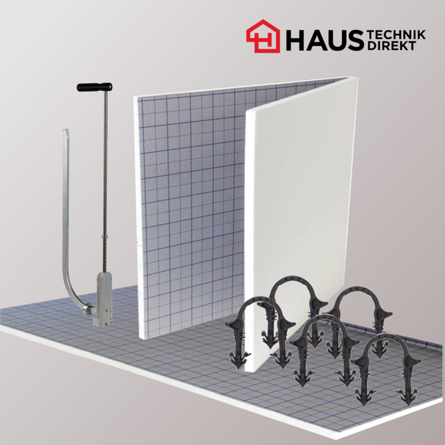 Tackersystem für Fußbodenheizung mit Dämmplatte, Heizrohr und Tackernadeln
