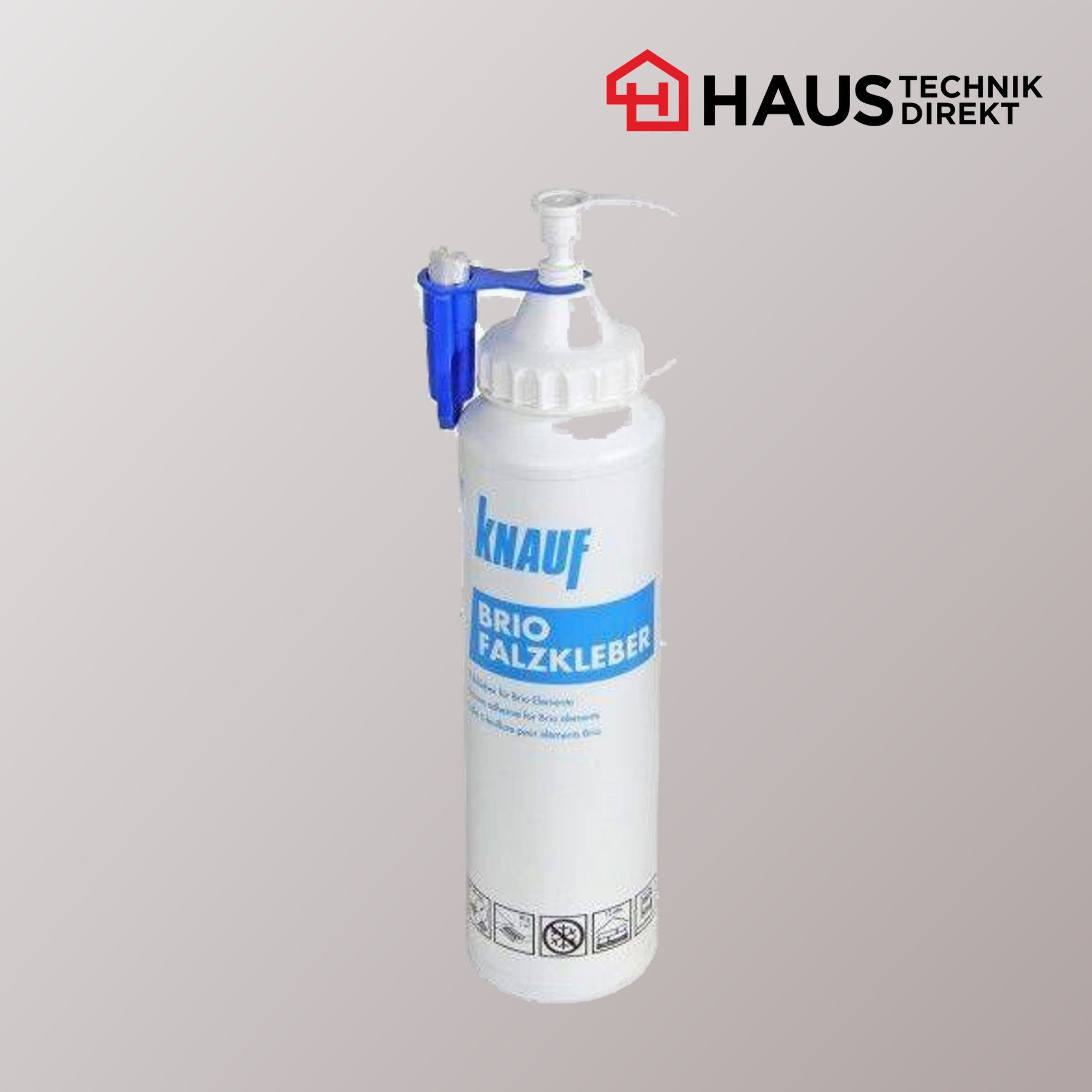 Knauf Brio Falzkleber 800 g, Ansicht der Flasche mit aufgesetzter Düse