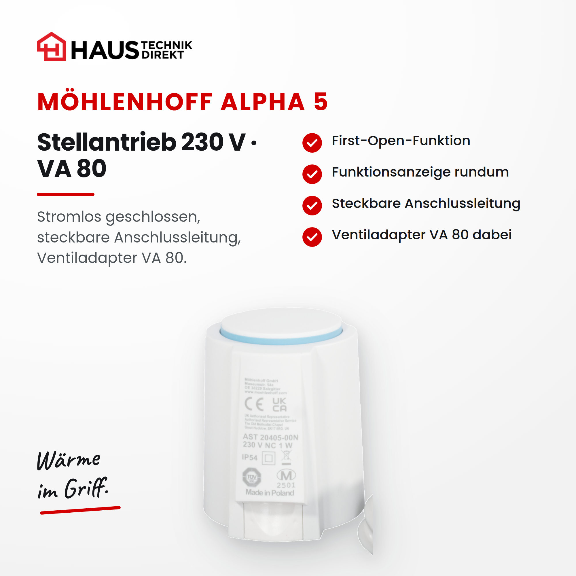 Möhlenhoff Alpha 5 Stellantrieb 230 V NC VA 80, steckbar - Produktansicht