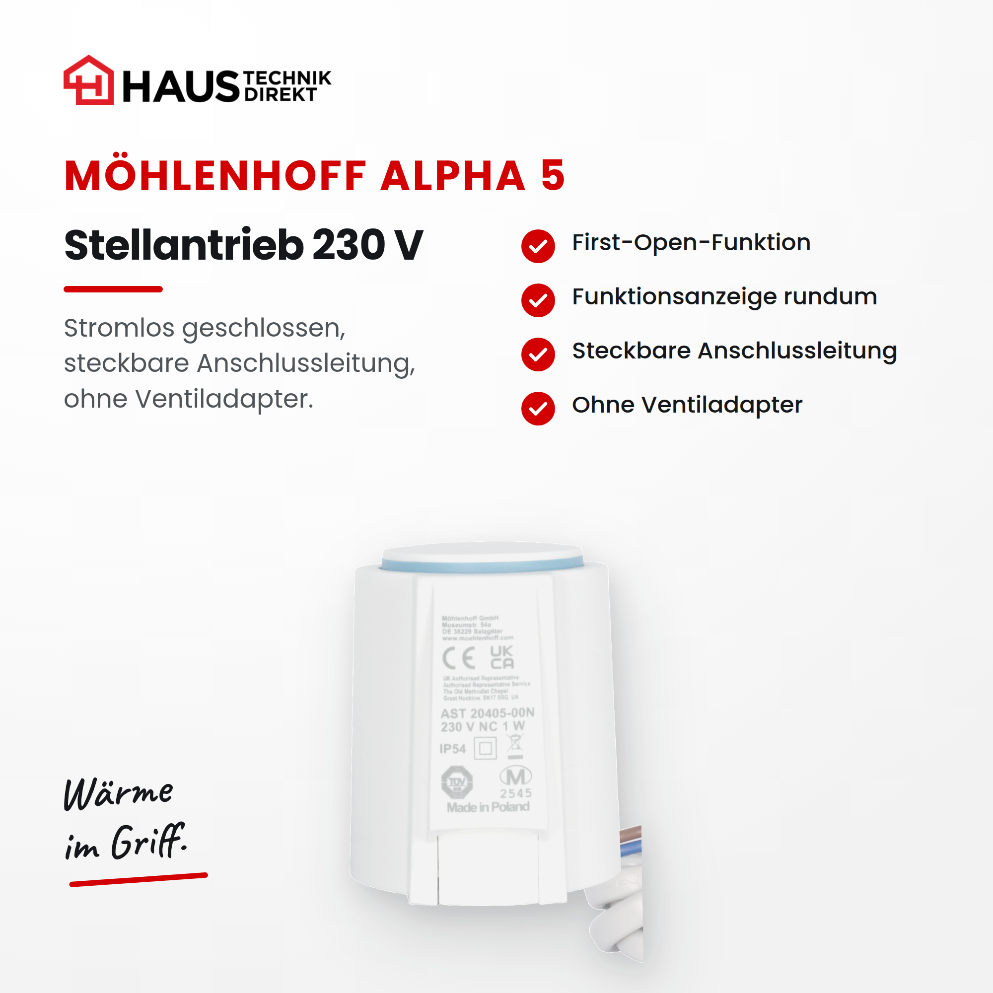 Möhlenhoff Alpha 5 Stellantrieb 230 V NC, steckbar - Produktansicht
