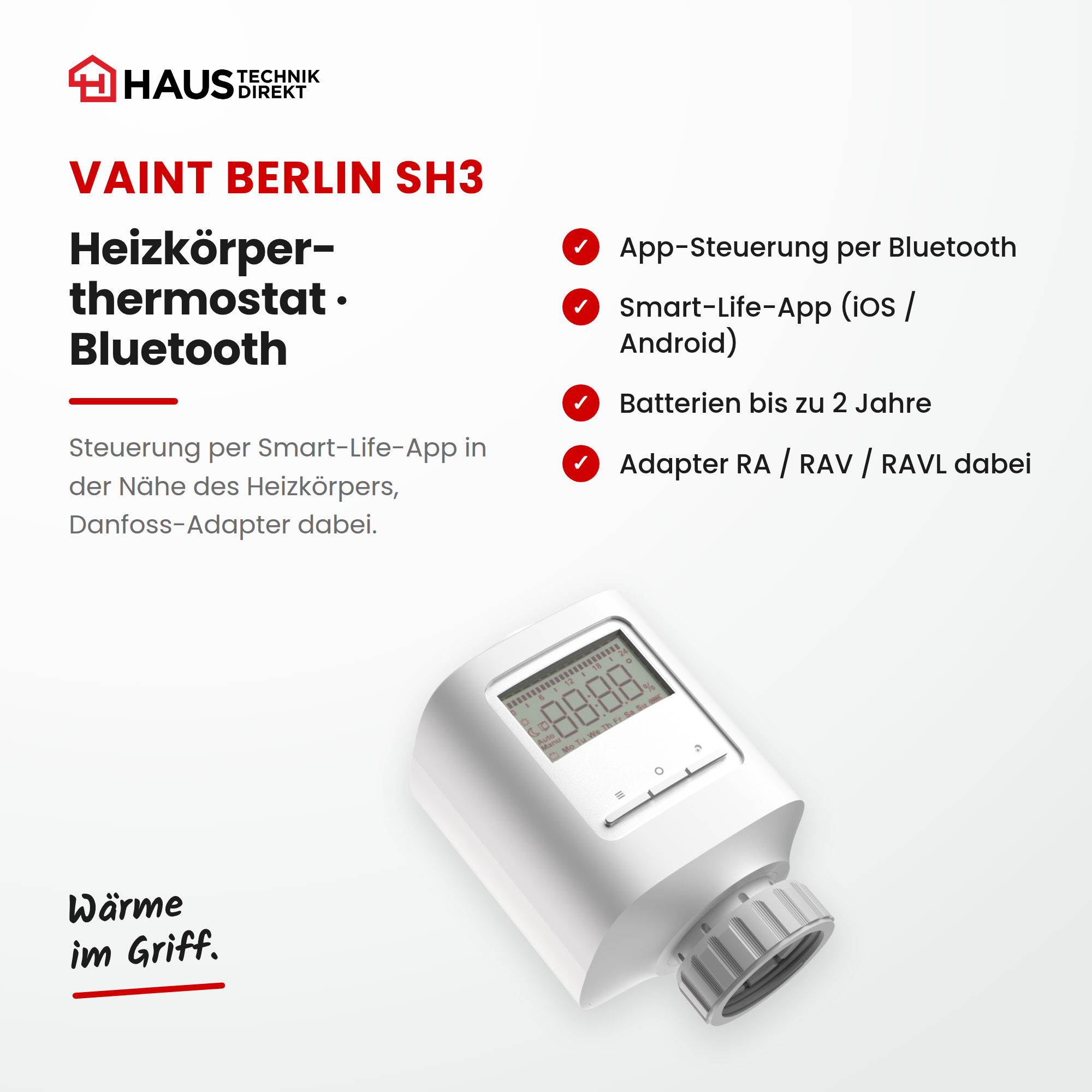Vaint Berlin SH3 Bluetooth Heizkörperthermostat – Steuerung per Smart-Life-App, Danfoss-Adapter dabei