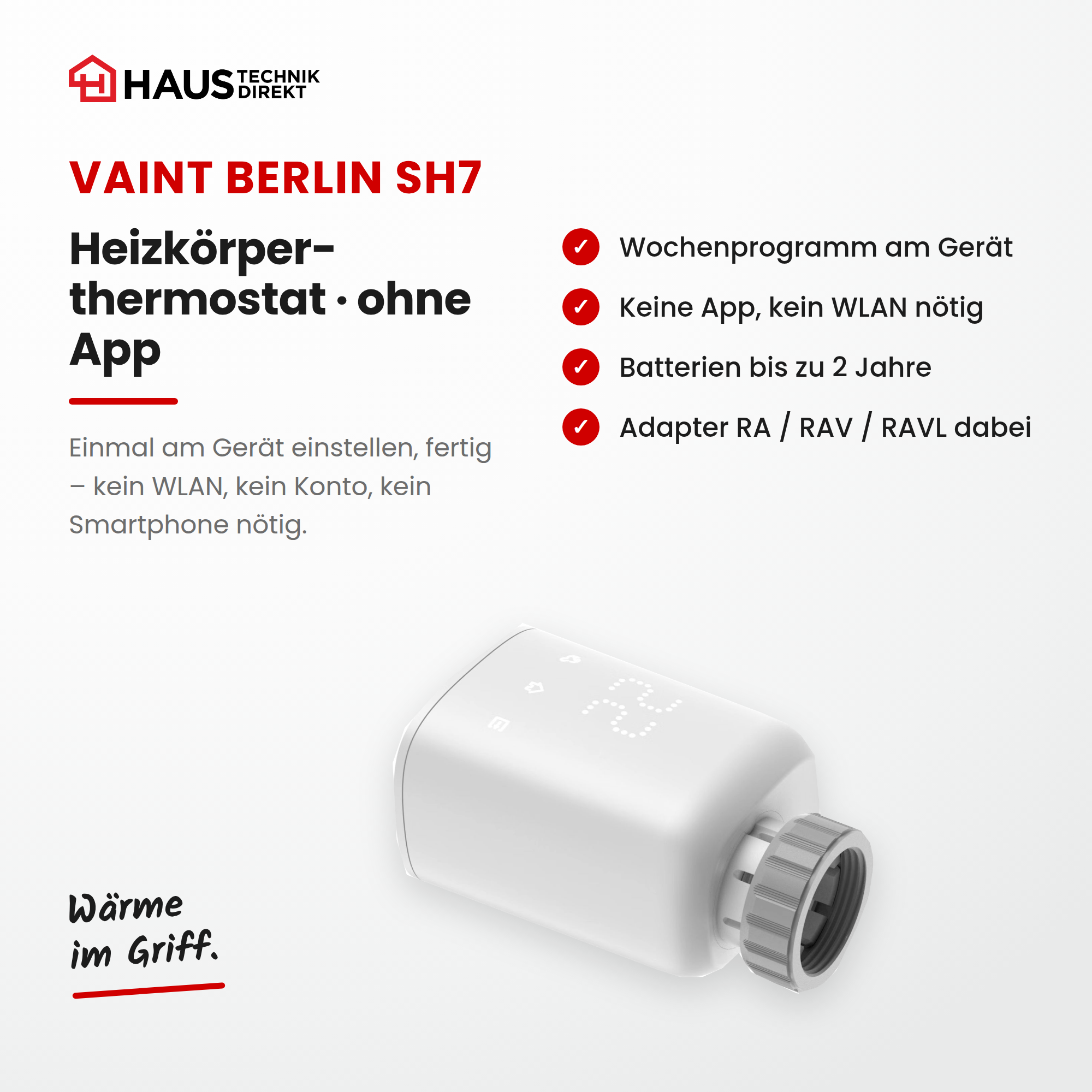Vaint Berlin SH7 Heizkörperthermostat ohne App – Wochenprogramm am Gerät, Batterien bis zu 2 Jahre, Danfoss-Adapter dabei